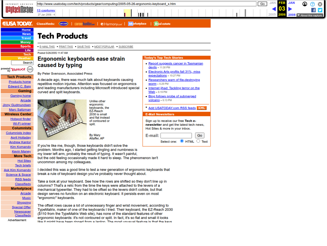 Archived snapshot of USA Today — Ergonomic Keyboards Ease Strain Caused by Typing