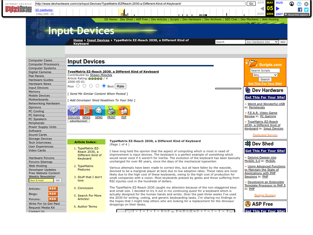 Archived snapshot of DevHardware.com — TypeMatrix 2030, a Different Kind of Keyboard