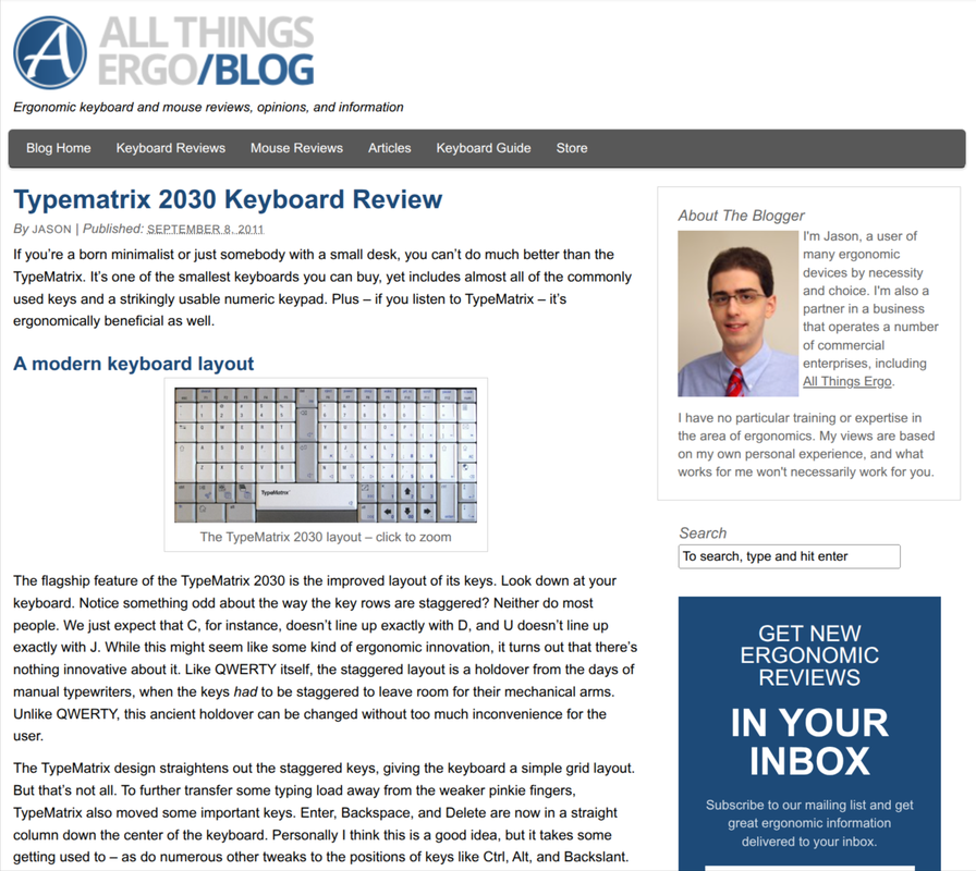 Archived snapshot of AllThingsErgo.com (formerly ErgonomicInfo.com) — TypeMatrix 2030 Keyboard Review